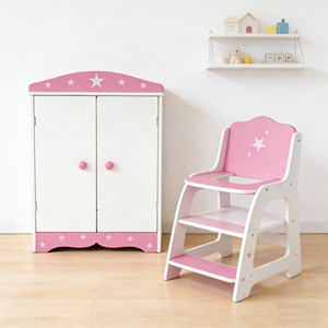 Toptan İki Kapılı Oyuncak Bebek Dolabı Prenses Sandalyesi Mobilya Rol Yapma Oyunları 4 Askılı Çocuk Ahşap Oyuncakları - Product Image 3