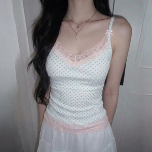 เสื้อกล้ามถักทรงสั้นแบบเวสต์ คอวี แต่งลายจุด แต่งโบว์ แต่งขอบลูกไม้ ทรงเข้ารูป แขนกุด สไตล์ฝรั่งเศส - Product Image 4