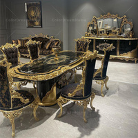Ensemble de salle à manger en bois massif sculpté, meubles anciens de luxe, noir et or, ensemble de table à manger 6 places