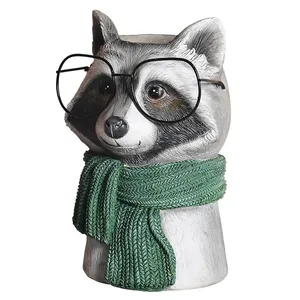 Animal With Glasses Flower Vase Cute Owl Deer Fox Raccoon Resin Flowers Pots Desk Ornament Garden Flowerpot Sculpture Craft