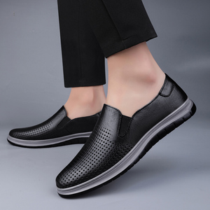 Zapatos de cuero de suela blanda de piel de vaca de capa superior con zapatos casuales transpirables ahuecados para hombres, zapatos perezosos de un pie - Product Image 4