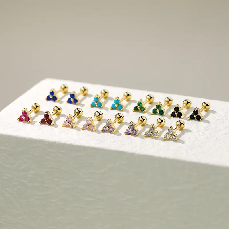 Tiny Wholesale 925 Sterling Silver Minimalist Red Green Blue Zircon Triangle Mini Piercing Stud Earrings For Girls