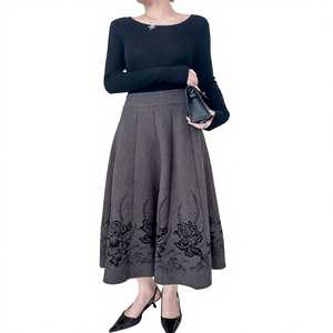 Women High Waist Wool Blend Midi <strong>Skirt</strong> Vintage Flora Jacquard Embroidery A-line <strong>Flared</strong> <strong>Skirt</strong> for Middle Aged Ladies - Product Image 5