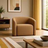 Fauteuil barillet contemporain en tissu texturé camel, dossier incurvé, pour salon, chambre, appartement, hall d'hôtel