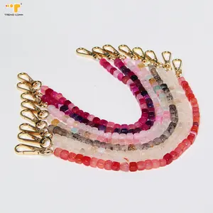 Natural Agate Real Stone Beads Mobile Phone Charm Chain Rainbow Color Wristlet Lanyard Keychain Anti-theft