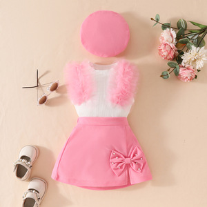 Produttore di abbigliamento estivo nuova ragazza senza maniche maglia Pit Strip Top + gonna a fiocco Set tre pezzi - Product Image 3