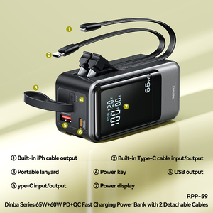 <span class=keywords><strong>Batterie</strong></span> <span class=keywords><strong>externe</strong></span> portable REMAX RPP-59 20000mAh avec charge rapide PD 65W, écran LED et câbles intégrés pour ordinateur portable - Product Image 2