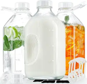 קנקני חלב זכוכית 64 אוז עם פקקים מיכל חלב מושלם למקרר חצי ליטר בקבוק חלב זכוכית עם מכסה חסין חבלה