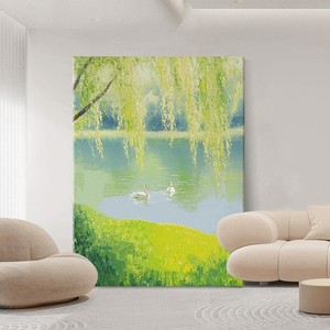 Pintura al Óleo Pintada a Mano, Paisaje Primaveral con Cisnes y Sauce, Estilo Impresionista, Arte para Pared de Sala de Estar, Sin Marco, 100% Hecho a Mano - Product Image 3