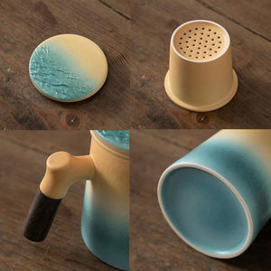 Vente en gros Ensemble de tasses à thé en céramique jaune-vert d'une seule pièce avec poignée en bois Tasse à thé en porcelaine Passoire pour infusion de thé - Product Image 3