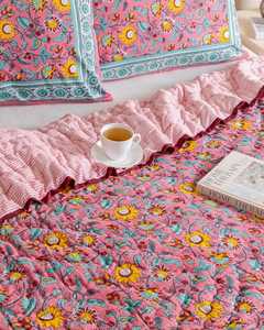 Pink Floral Cotton <b>Quilt</b> Hand Block Printed Reversible Bedspread Farmhouse <b>Bedding</b> Indian <b>Quilt</b> - Product Image 5