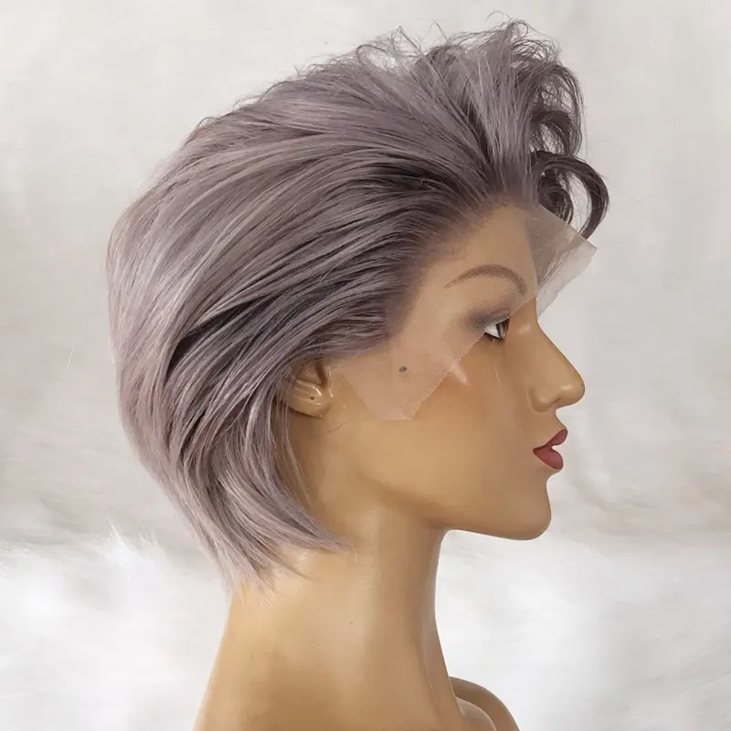 Highknight peruca de cabelo humano brasileiro, cabelo curto, cor cinza, transparente, tela frontal, cabelo humano brasileiro