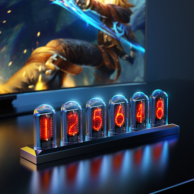 DIY Ipstube Nixie Tube Light Clock with App Mobile APP Editable IPS Display Digital Calendar Stopwatch Time Modern Desk Gesture