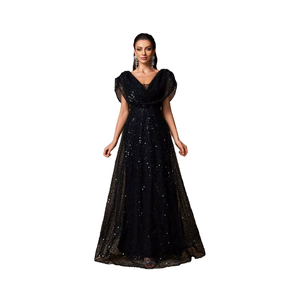 High End Texture Slim Fitting V Neck <b>Flare</b> Sleeve Glitter Embroidery A-Lined Ruffles Hem Maxi Gown Backless Anti-Wrinkle Evening - Product Image 1