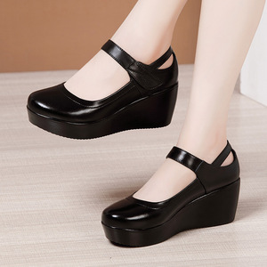 Sh10908a Comfort Black Red <strong>White</strong> Leather Loose Toe 6CM <strong>Wedges</strong> Office Shoes <strong>for</strong> <strong>Women</strong> - Product Image 4