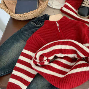Tongxingyuan Childrens Sweater Red White Stripes Zipper Thick Cotton Winter Boys Knit Top New Year Outfit - Product Image 4