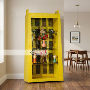 Indian Solid Wooden Yellow Hand <b>Painted</b> Decorative Display Showpiece with 3 Glass Shelf Furniture for Living Room Hotel - Product Image 2