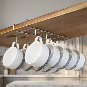 Support de rangement métallique sous armoire pour tasses, à un seul niveau, type crochet, organisateur de vaisselle de cuisine moderne, conception durable - Product Image 1