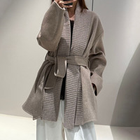 Manteau enveloppant sans col en tricot côtelé de haute qualité Jancoco pour femmes, manteaux en cachemire et laine sur mesure de longueur moyenne avec ceinture