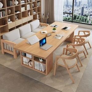 <b>Solid</b> <b>Wood</b> Integrated Desk And <b>Bookcase</b> One Line Office Study Table With Storage Shelf For Home Workspace DY78246 - Product Image 1