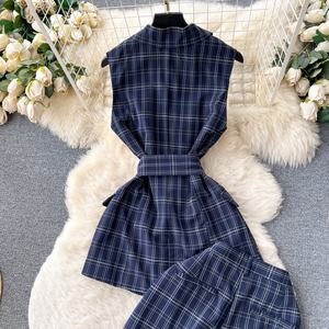 2025 더블 브레스트 격자 무늬 레이스 업 탑 블레이저 정장 세트 여성 사무실 - Product Image 4