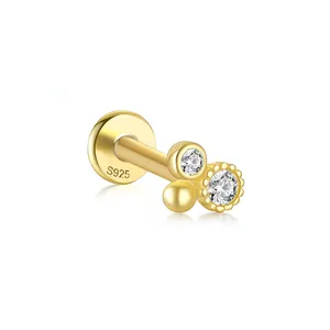 2023 Fashion Simple S925 Sterling Silver 18K Gold Plated Ins Style Triple Sky Round Zircon Flat Back Piercing Earrings