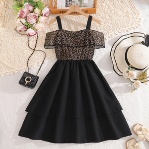 Abito Estivo 2026 per Ragazze Adolescenti, Nero con Patchwork Leopardato - Product Image 1