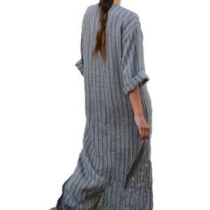 OEM Wholesale High Quality Women's Cotton Linen <b>Dress</b> Custom Color Weave Striped Midi Length Loose Fit Long <b>Dresses</b> - Product Image 2