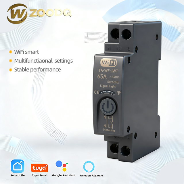 TUYA/SmartLife Control Miniature Circuit Breakers 63A 1P+N WiFi Smart Switch MCB With Energy Meter, kWh Monitoring Timer Relay