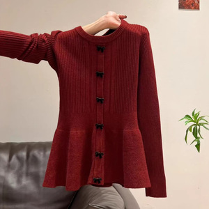 Women's Ruffled Hem Knitted <b>Cardigan</b> Long Sleeve Medium <b>Thickness</b> Spring Autumn Top - Product Image 1