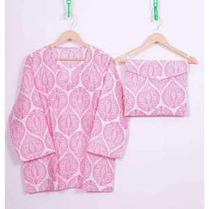 Pink Floral Woven Cotton Women Elastic Waist Hand Block Printed Breathable Casual Lightweight PJ Set Night <b>Suit</b> Autumn Dress - Product Image 3