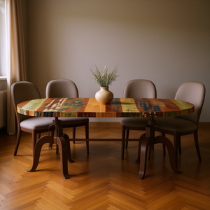 Multicolor <b>Reclaimed</b> Wood Oval <b>Dining</b> <b>Table</b> Brown Steel Legs Rustic Modern Design Handmade Home Furniture - Product Image 2