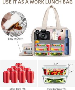 Làm Việc Máy Tính Xách Tay Với Ví Cách Nhiệt Bữa Ăn Trưa Ngăn Lớn Puffy Bông Vải Thô Tote Túi Ăn Trưa Cho Người Lớn - Product Image 4