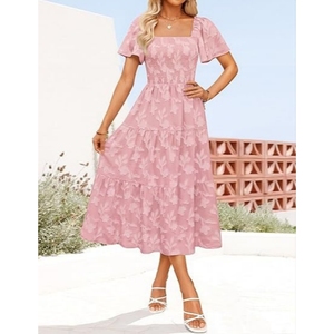 Vestidos midi de manga corta con estampado floral bohemio y cuello cuadrado para mujer - Product Image 6