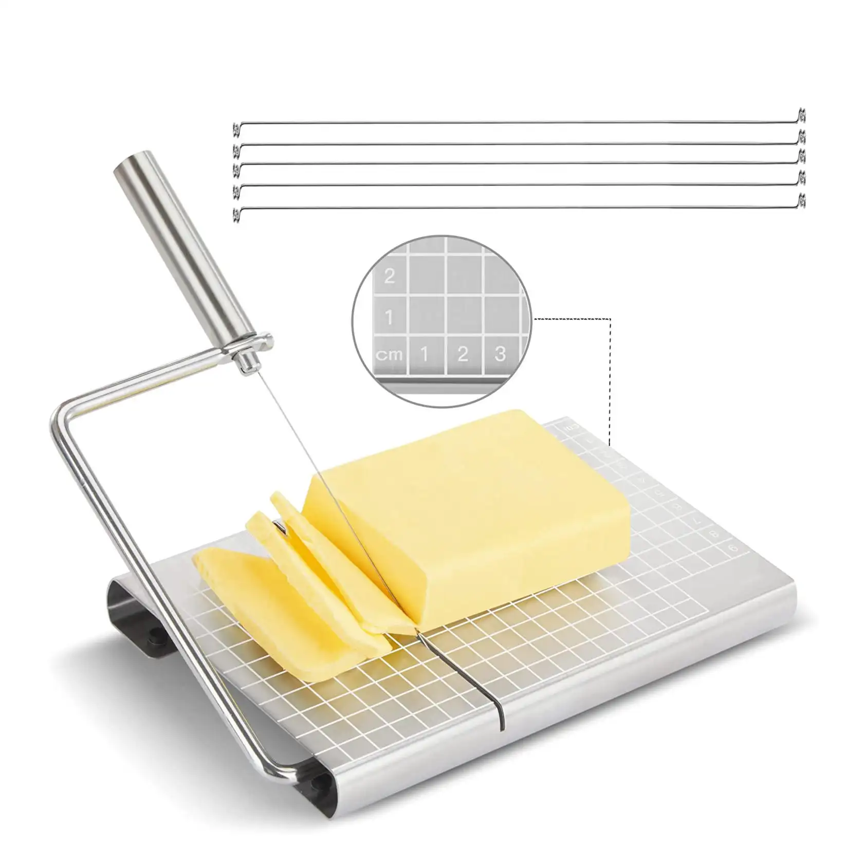 Rebanadora de queso de acero inoxidable de gran oferta con 5 cables de repuesto, herramientas de cocina duraderas, tabla cortadora de queso con escala precisa