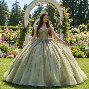 Vestido de Novia de Lujo con Lentejuelas y Cuentas, Color Verde Oliva Brillante, Modelo Dy6960, con Corsé y Tul Brillante para Fiestas y Bodas - Product Image 1