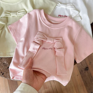Child Star Circle Baby Girls Short Sleeve T-Shirt Crew Neck Bow Design Breathable Summer Top - Product Image 2