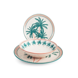 Service de vaisselle rond en grès céramique peint à la main, style bohème haïtien, 18 pièces, compatible lave-vaisselle, idéal pour les pique-niques - Product Image 1