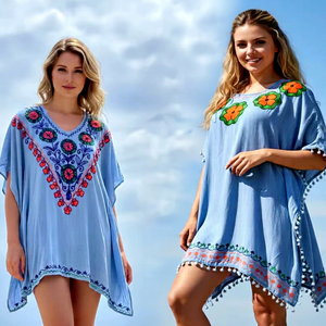 New <b>Boho</b> Wholesale Womens Vintage Modal Embroidered Short Sleeve Kaftaan Natural Waist Mini Length Breathable Summer Export - Product Image 1