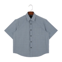 Kemeja Pria Biru Abu-abu Motif Kotak-kotak 100% Katun Anti Kusut Lengan Pendek Kerah Turun Kancing Depan Ujung Melengkung Kasual Musim Panas