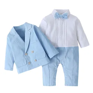 Pakaian Baju Monyet Bayi Baru Lahir, Mantel Set Biru + Jumpsuit Musim Semi Musim Gugur Balita