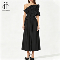 Robe midi élégante pour femme, à épaules dénudées, avec volants et fronces, noire, coupe ajustée, style A-line, pour soirée, fête ou club, OEM personnalisé