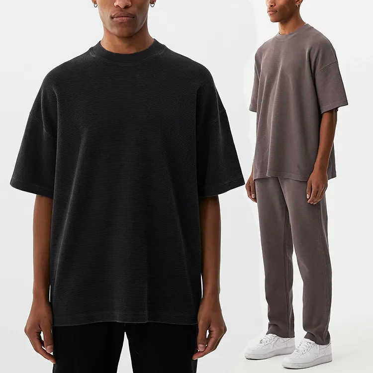 박시 와플 니트 250 gsm 드롭 숄더 그래픽 헤비급 티셔츠 럭셔리 빈 면 맞춤 스트리트웨어 대형 티셔츠 남성