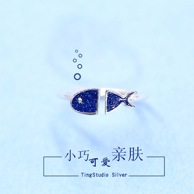 925 Pure Silver Opening Ring Fish Blue Drop Oil Ring Korean Pure Silver Jewelry Wholesale 2022 New Trend