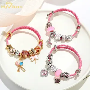 Pink Leather Rope Bracelet Fashion Design Adjustable Glass Crystal Beads High Heel Heart Lollipop Pendant Charm Bracelets