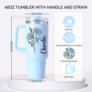 Nom gravé <span class=keywords><strong>personnalisé</strong></span> et fleur de naissance bouteille d'eau en acier inoxydable tasses de voyage mois de naissance gobelets à fleurs avec poignée et paille - Product Image 5
