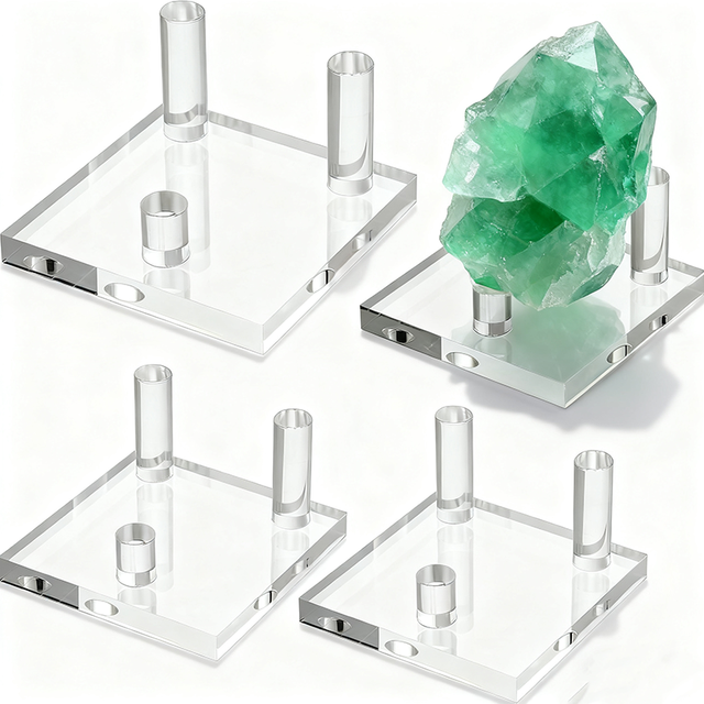 Clear 3 Peg Square Acrylic Display Stand Holder for Crystal Fossil Coral Geodes Rock Mineral Agate