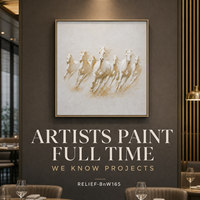 Peinture à l'huile texturée peinte à la main, bas-relief de sept chevaux au galop blancs, art mural pour hôtel, salle de conférence, salle de réunion, sur mesure en gros