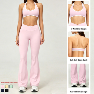 Set <span class=keywords><strong>Fitness</strong></span> Personalizzati per Donne con Logo, Pantaloni a Zampa Modellanti, Reggiseno Halter, Abbigliamento Sportivo a Contrasto Colore per Allenamento e Yoga - Product Image 3