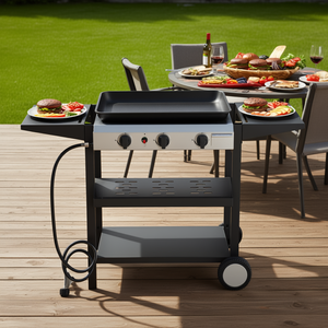 Plancha de Gas de 3 Quemadores con Superficie Plana, 30000 BTU, Propano, Revestimiento Cerámico, Hierro Fundido, con Estantes Laterales, Estación de Cocina - Product Image 2